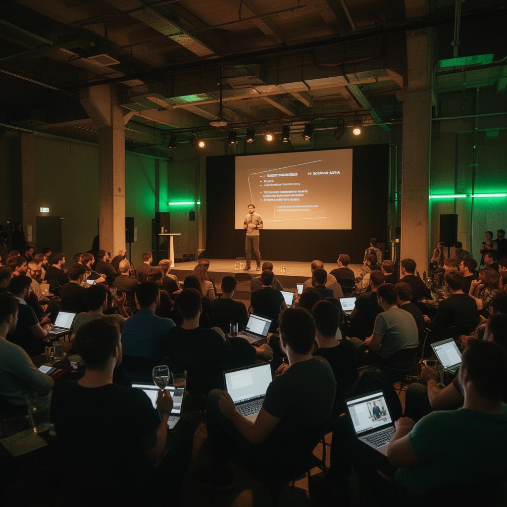 Founder giving a vibe coding talk in a Sofia industrial venue