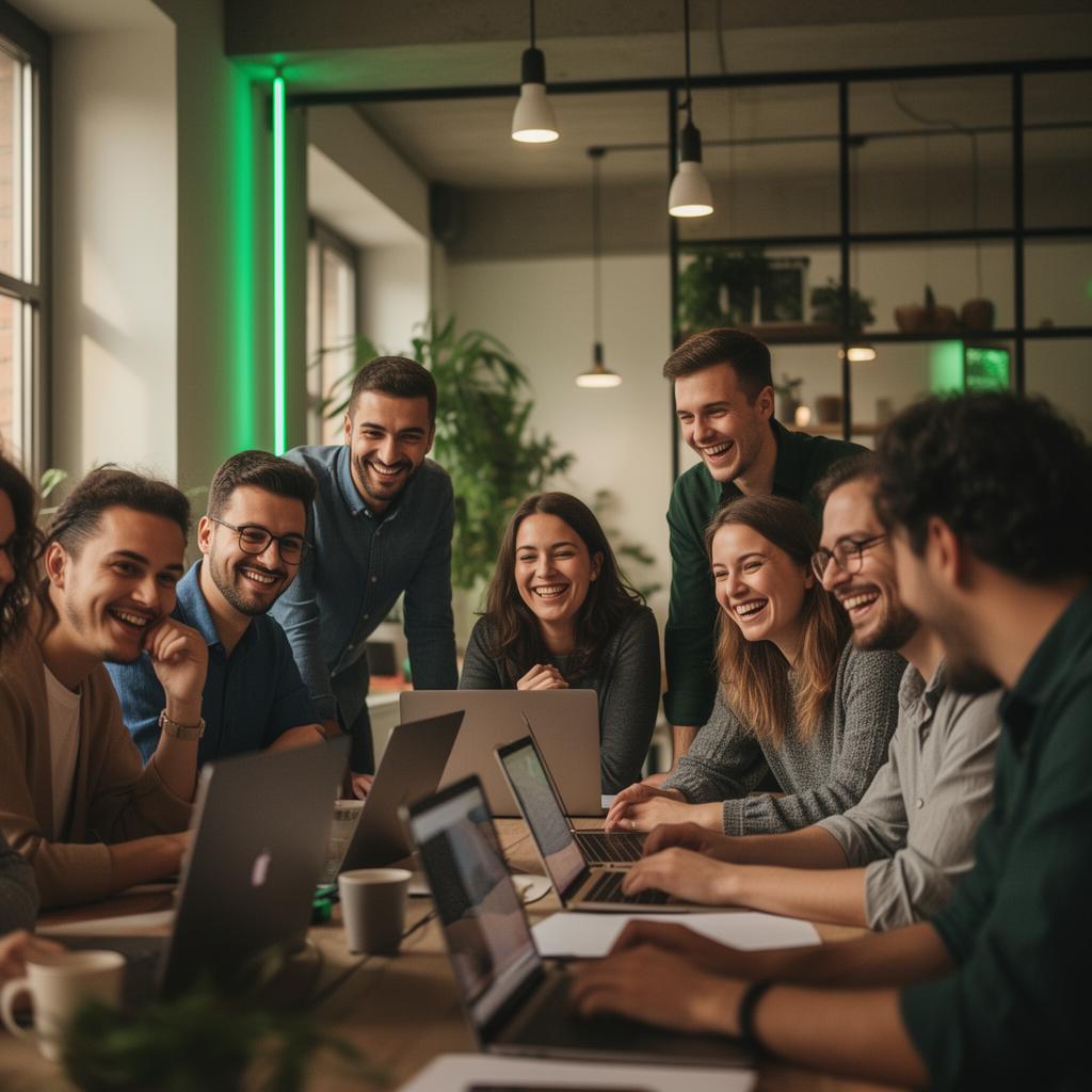 Diverse builders collaborating on laptops at a Sofia coworking space